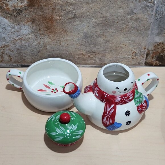 Temptations by Tara 3 Piece Ceramic Stacking Snowman Teapot Mug Cup Set - Picture 11 of 11